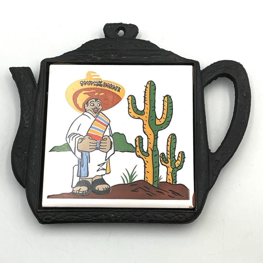 Vintage 1970s Cast Iron‎ Teapot Trivet Mexican Cactus Tile South of the Border